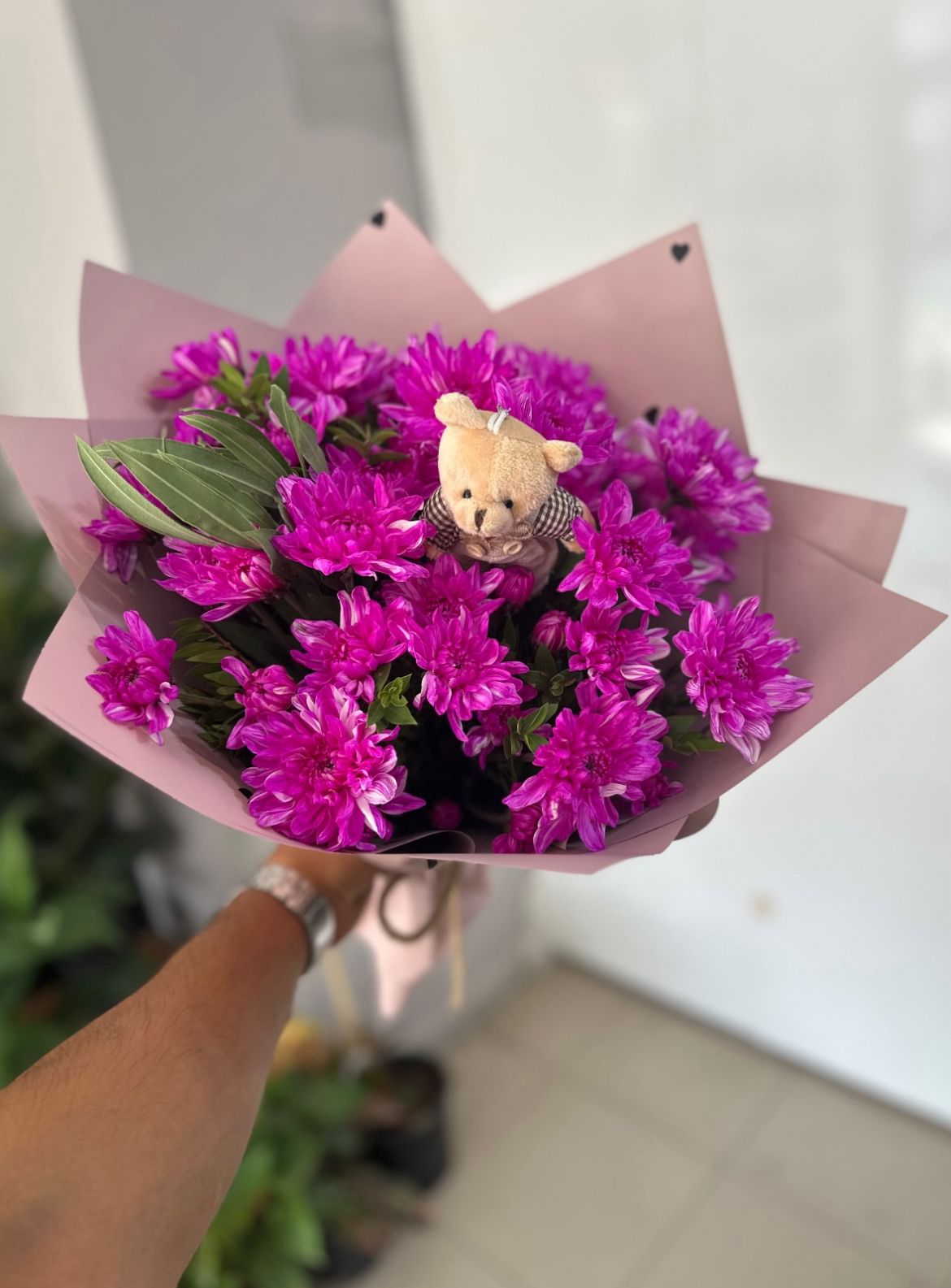 Mor Kasımpatı ve Ayıcık Buketi